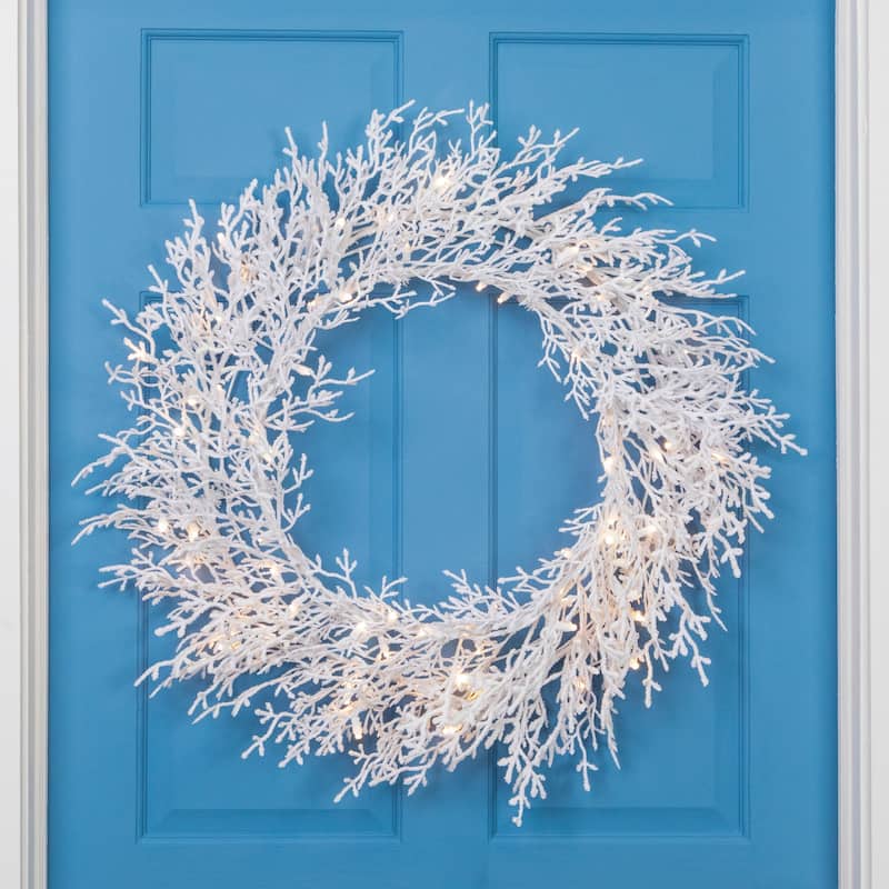 Pre-Lit Flocked Twig Artificial Christmas Wreath - 30" - LED Warm White Lights