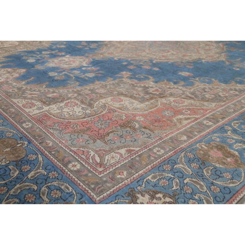 Distressed Tabriz Persian Vintage Rug Hand-Knotted Blue Wool Carpet - 10'0"x 13'4"