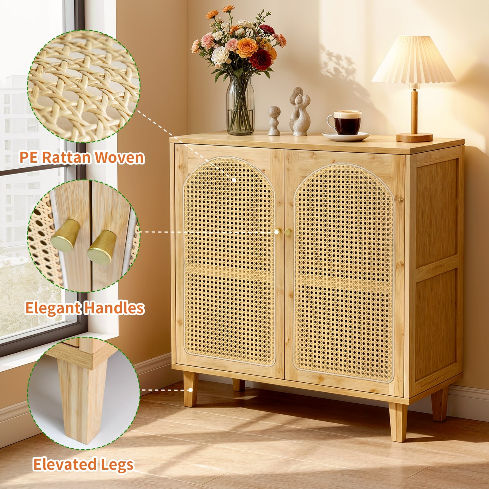 Rattan Buffet Cabinet with Storage Table Accent Sideboard with Doors - 29.5x15.3x32.2 inch