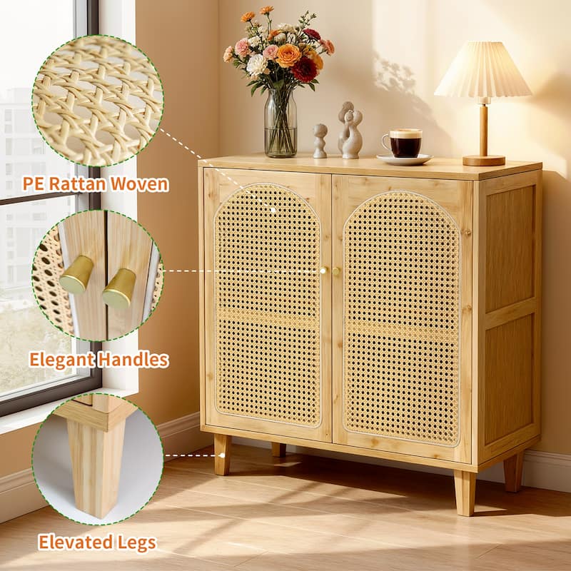 Rattan Buffet Cabinet with Storage Table Accent Sideboard with Doors - 29.5x15.3x32.2 inch