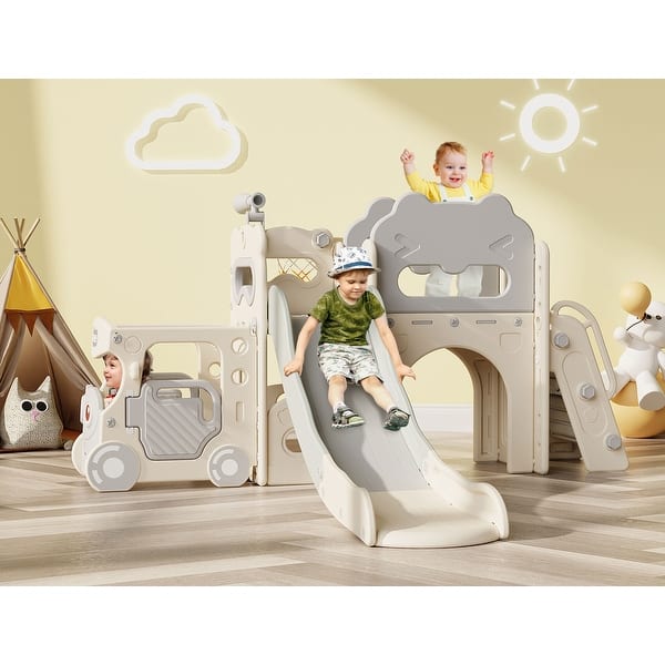 slide 2 of 14, Toddler Slide, 9 in 1 Kids Indoor Bus Slide for Toddlers 1-3, Baby Indoor Outdoor Slide Bus Play House Playset Playground White&gray