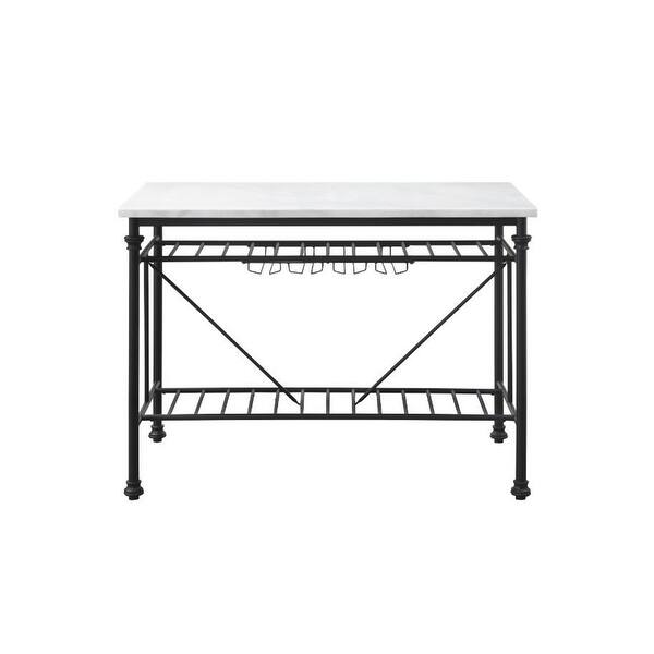 Marble Top Kitchen Island with Wine Glass Storage in White and Gray