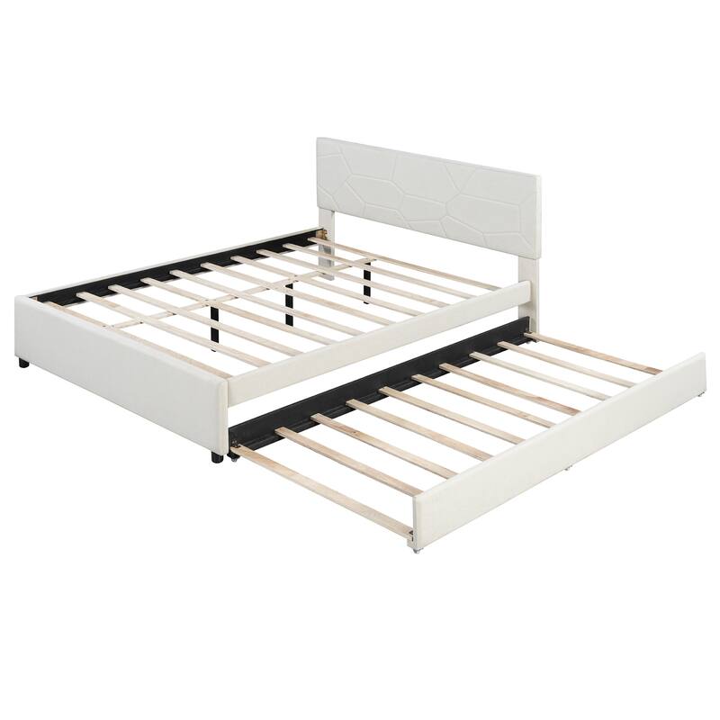 Queen Size Upholstered Platform Bed with Brick Pattern Headboard and Twin XL Size Trundle, Linen Fabric, Beige