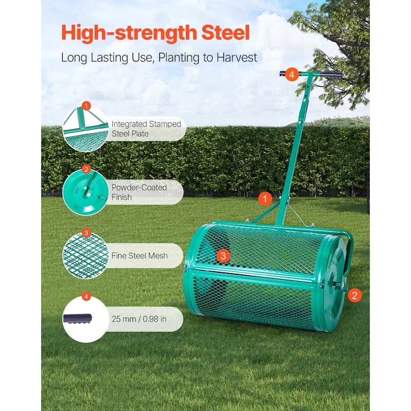 Green Steel Adjustable Lawn Compost Spreader with Push and Tow Handle - 23.6 L x 15.7 W x 43.3-49.2 H in.