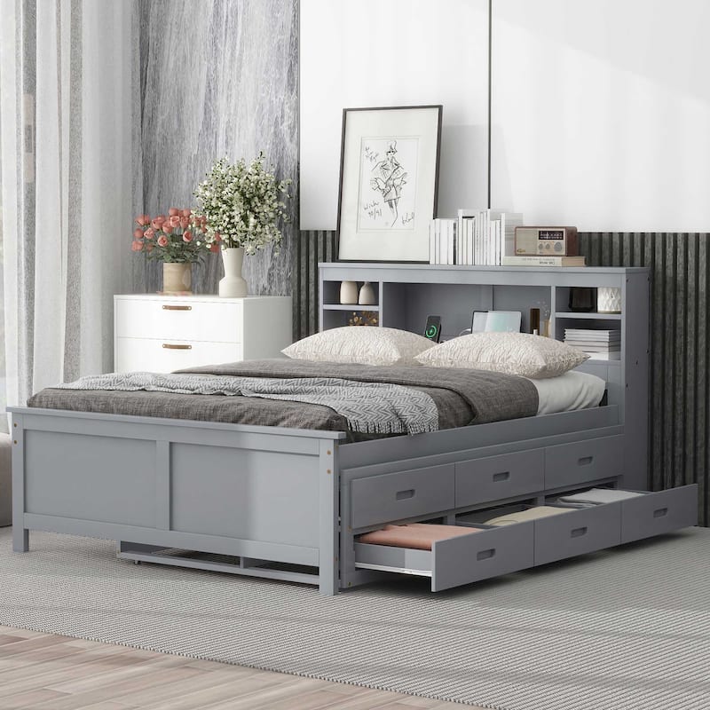 Full Size Platform Bed with Storage Headboard, USB, Twin Trundle, and 3 Drawers in Gray