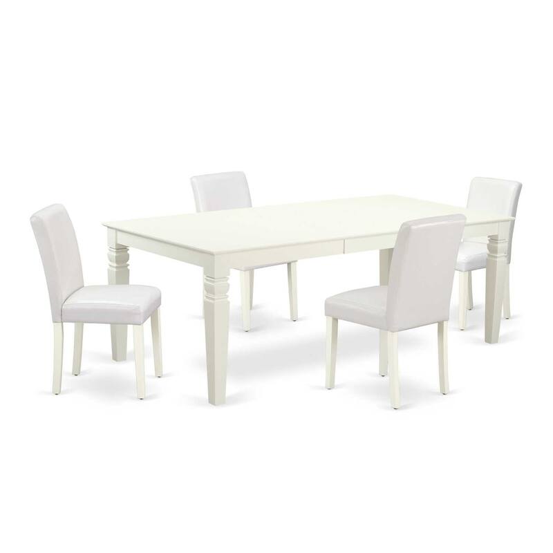 Mountain Lodge Dining Set - 5pc Rectangular Table & 4 Chairs - 66/84 Inch Table with Leaf - White PU Leather