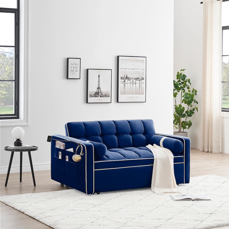 Blue 55'' Convertible 2-Seater Velvet Sleeper Sofa with Pull-Out Bed, Adjustable Recliner, Side Pockets, and Phone Holder