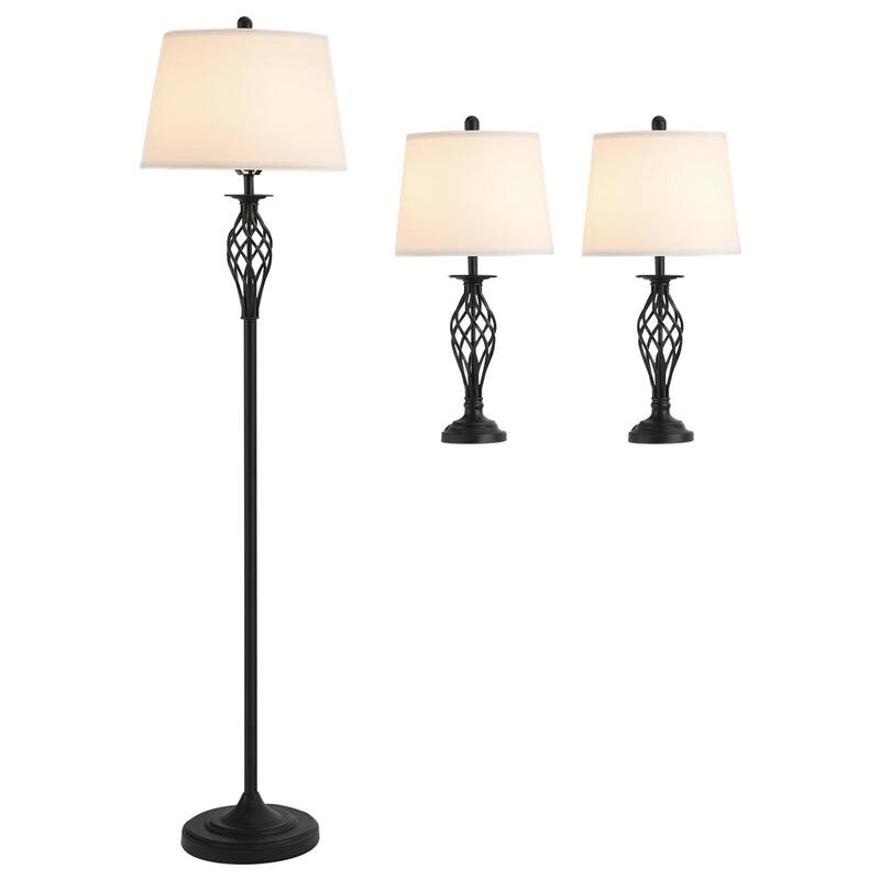 HOMCOM 3 Piece Table Floor Lamp Set with Metal Pole, Round Base, and Fabric Lampshade