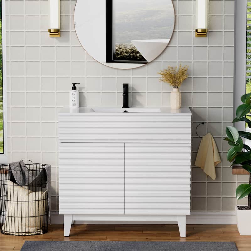 Bathroom Vanity Set W/Drop in Sink Faucet Cabinet Combo - 36 in & ceramic sink - White