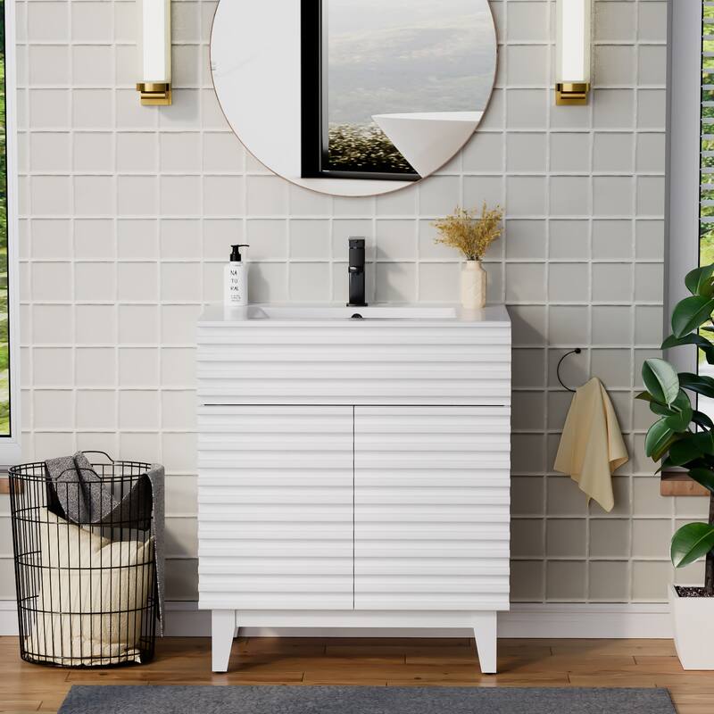 Bathroom Vanity Set W/Drop in Sink Faucet Cabinet Combo - 30 in W/ceramic sink - White