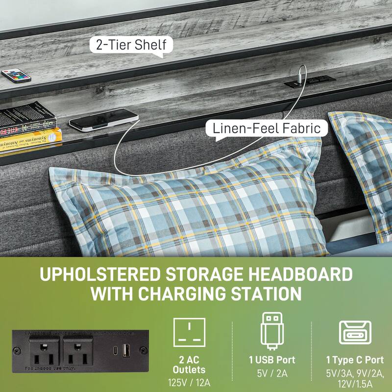 Upholstered Bed Frame with Storage Headboard,Charging Station - Gray