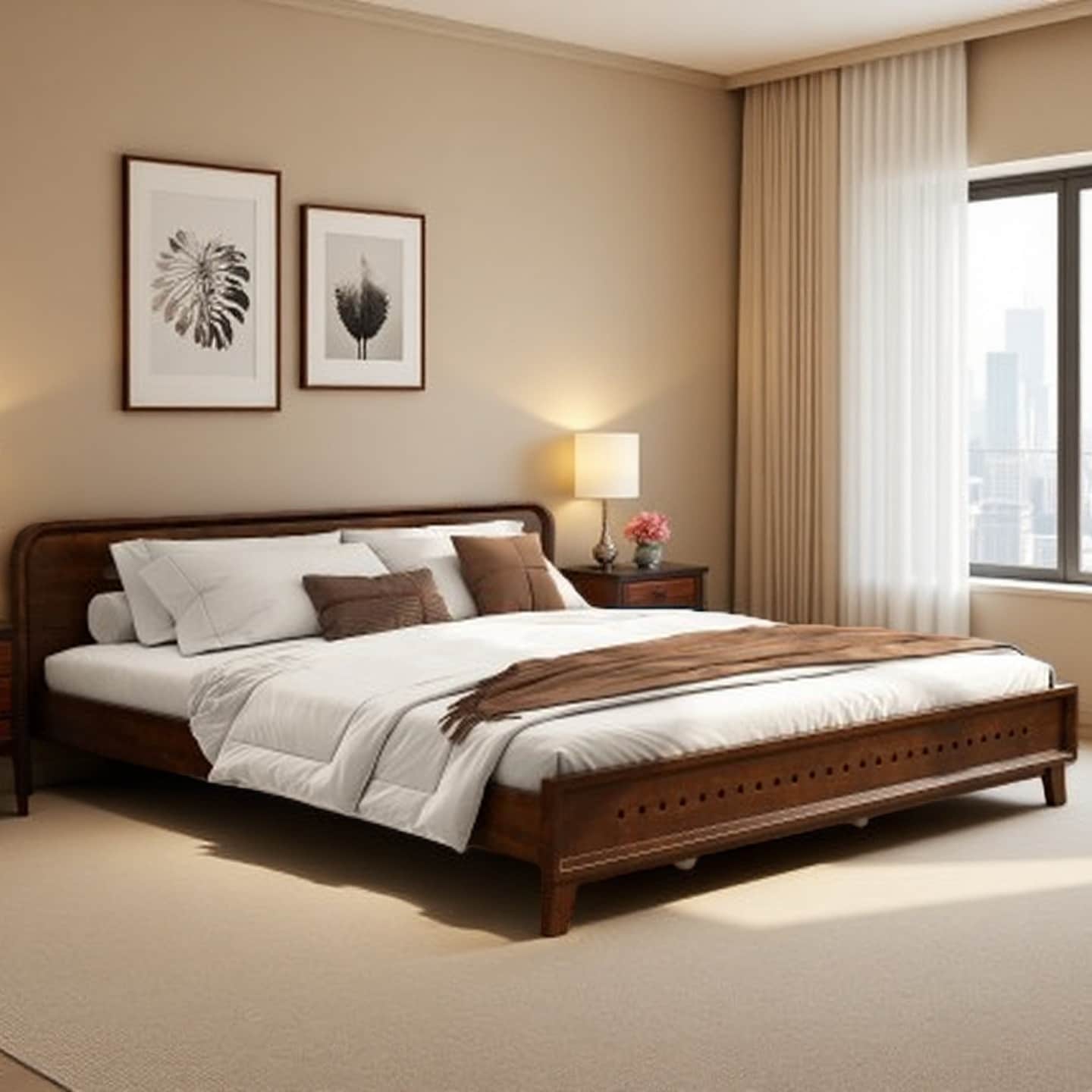 Queen Size Solid Pine Wood Bed Frame, No Box Spring Needed, Sturdy & Stable Design with Elevated Under-Bed Storage