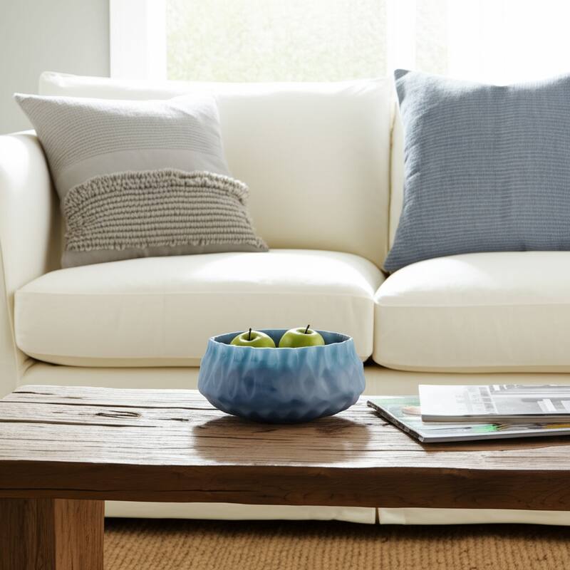 Glass Bowl Carved Stylish Modern Decorative Accent - 5" Blue - 11.75" x 11.75" x 4.75"