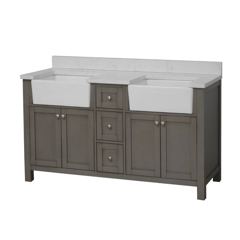 KitchenBathCollection Yorkshire 60" Double Farmhouse Vanity with Engineered Marble Top