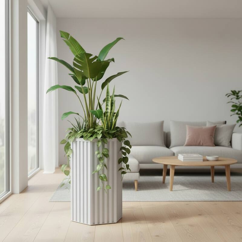 Hexagon Column Planter LG, White