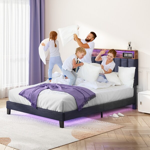 Full and Queen Bed Frame Velvet Platform Bed with Wingback