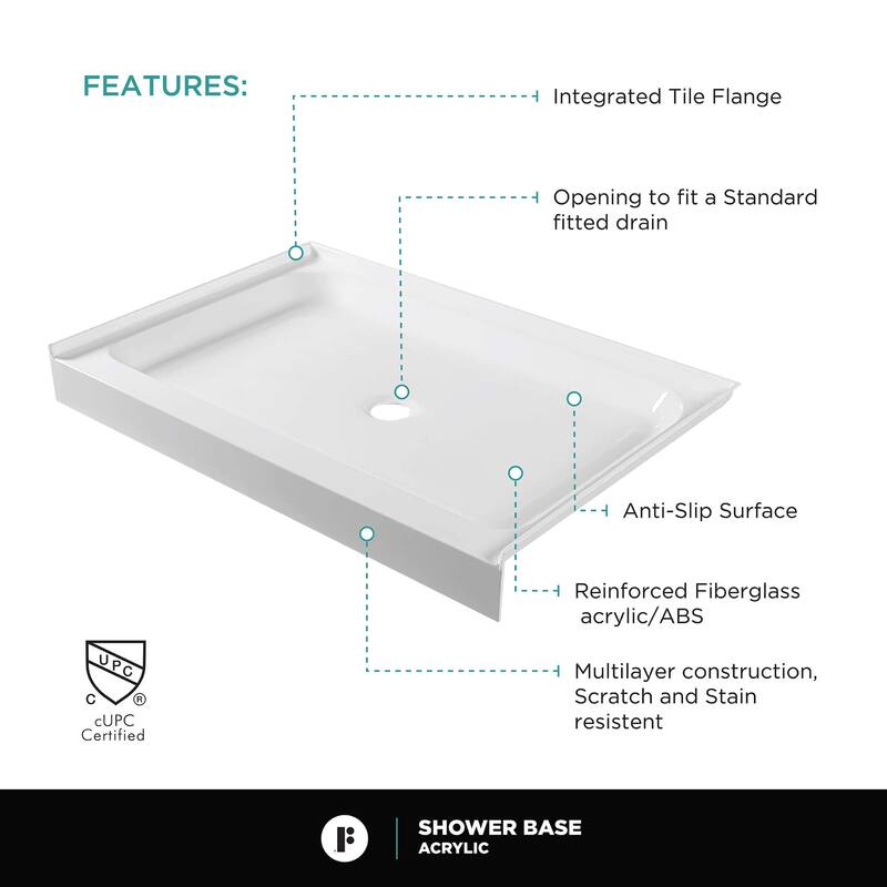 Fine Fixtures Single Threshold Acrylic Shower Base - Non-Slip Textured Surface Shower Floor Pan