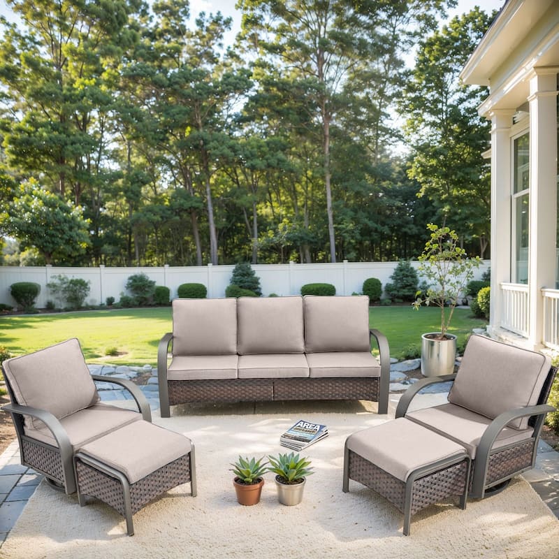 Pocassy Outdoor Furniture Sofa Swivel Chairs with Ottoman - Beige Cushion - 5PCS Sofa Swivel Chair with Ottoman