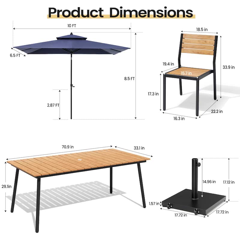 9PC Outdoor Patio Dining Set Aluminum Table with Stackable Chairs w/ Premium Market Umbrella Sets