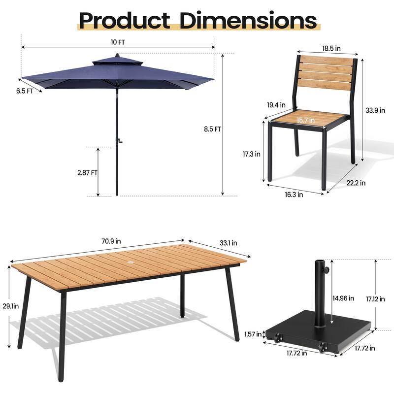 9PC Outdoor Patio Dining Set Wood-Like Aluminum Table with Stackable Chairs,Double Top Market Umbrella and Wheel Base