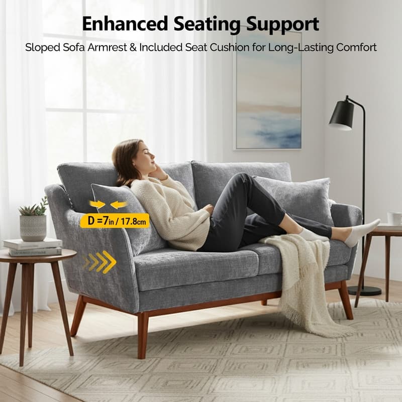 Linen Blend Mid-Century Modern Small Spaces Loveseat Two-Seater Sofa With Solid Wood Base