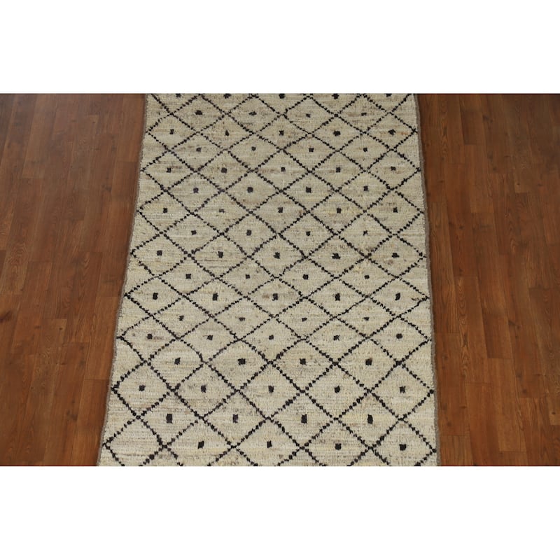 Trellis Beige Moroccan Oriental Runner Rug Hand-Knotted Wool Carpet - 3'6" x 12'10"