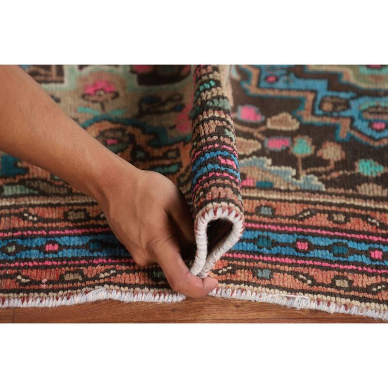 Geometric Hamedan Persian Vintage Runner Rug Handmade Wool Carpet - 3'1"x 10'3"
