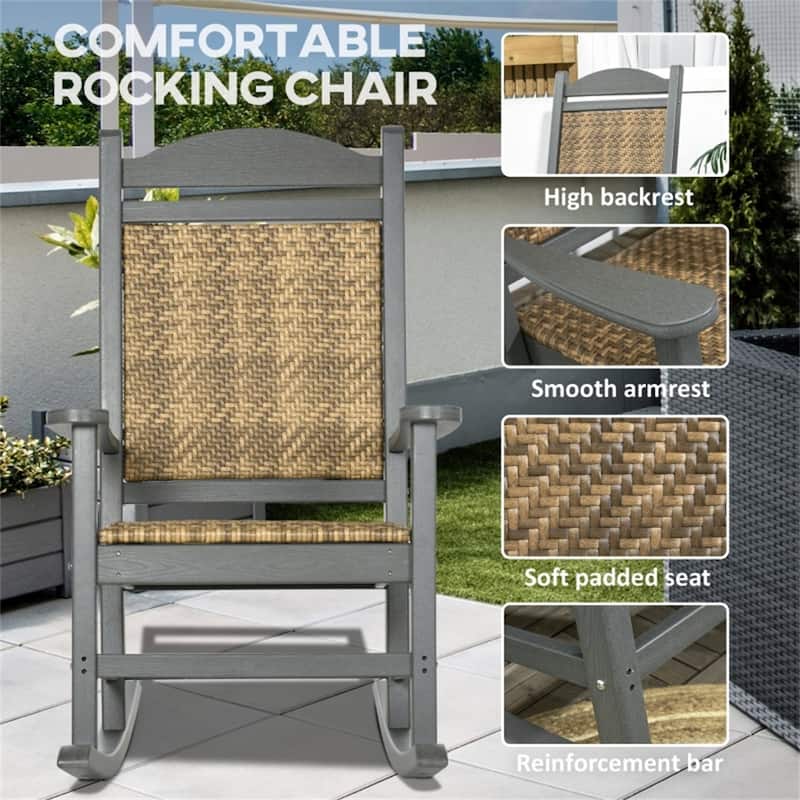 Dark Grey-Brown HDPE PE Rattan Outdoor Rocking Chair with Cushion - 26.5" W x 34.25" D x 41.75" H