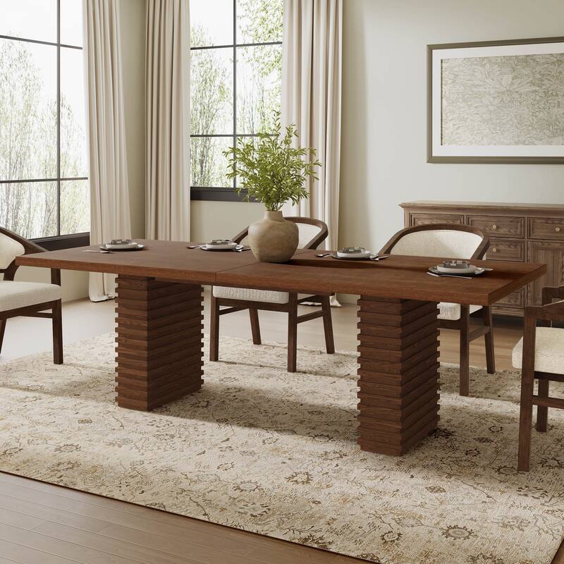 Roomfitters 95" Rectangular Dining Table with Solid Wood Top & Sculpted Pedestal Bases, Modern Dining Room Table - Walnut