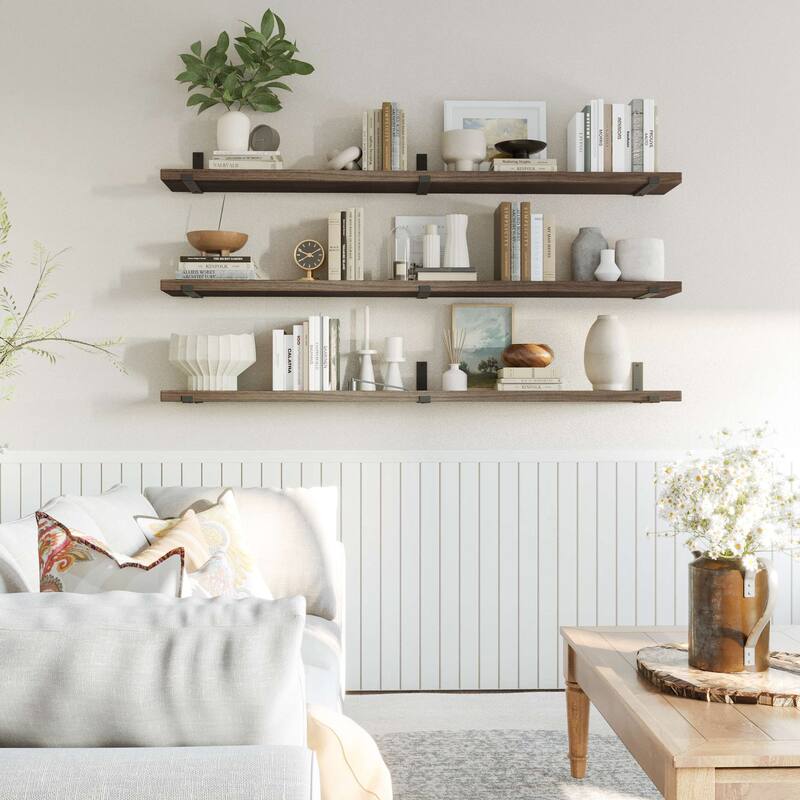 Wallniture Forte Wood Board 72" Long, 9.25'' Deep, 1.5" Thick, Floating Bookshelf for Wall, Hanging Shelf Living Room Decor, 1Pc - Dark Walnut