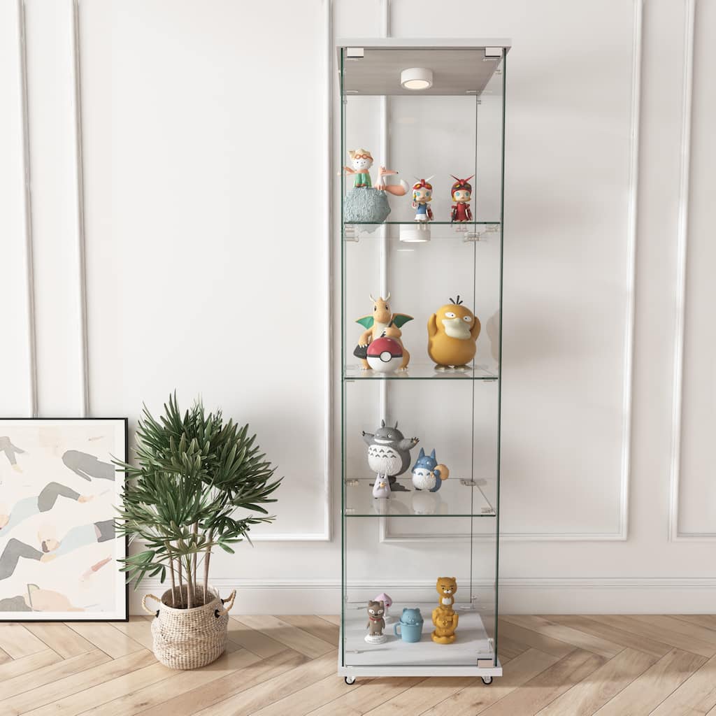 Modern Glass Display Cabinet with LED lights, Quick-assembly Antique Cabinet, Tempered Glass Bookshelf
