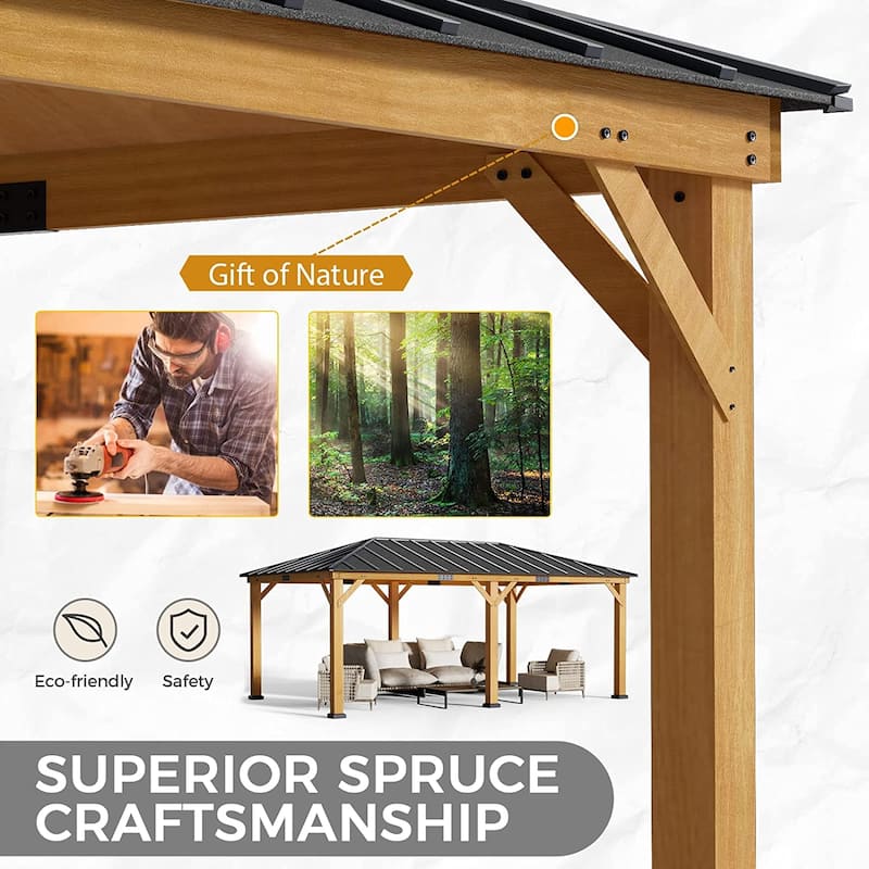 Hardtop Wood Gazebo for Patio, Outdoor Cedar/Spruce Pergola with Metal or Asphalt Roof, All-Weather Backyard Shelter