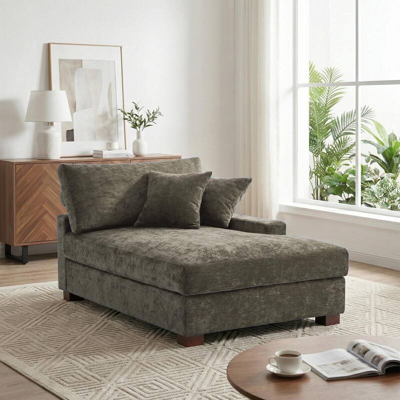 40.8"W Modern Chenille Upholstered Chaise Lounge with Pillow - Right Facing - Camel