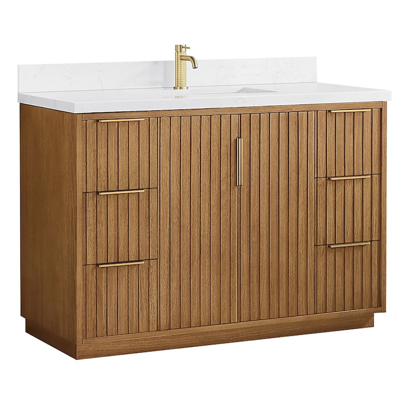 Bangkok Bath Vanity with White Grain Stone Top, no Mirror - 48" - Mango Wood Light Brown