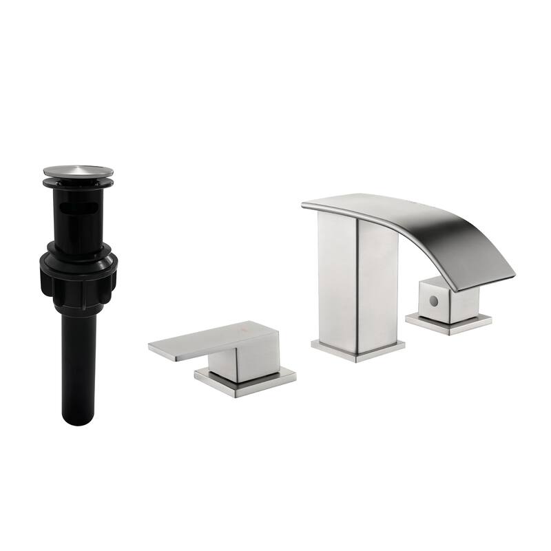 8 Inch Widespread Waterfall Bathroom Faucet with Pop-up Drain Kit Modern Double Handle Bathroom Sink Basin Vanity Faucet 3 Holes - Brushed Nickel