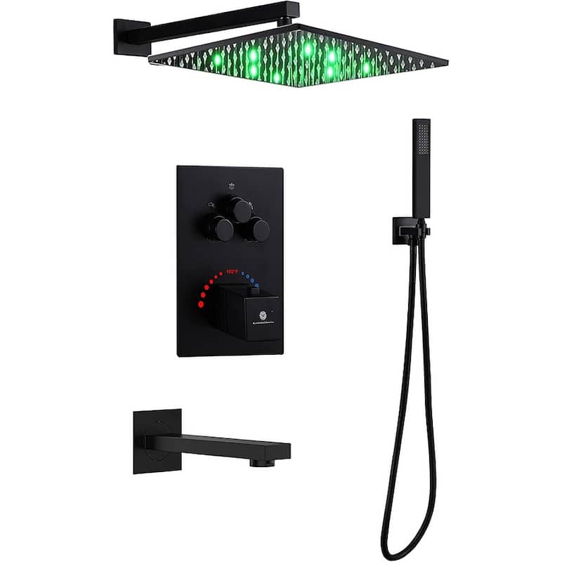 Matte Black Wall Mount 12" LED Rainfall Head 3 Way Thermostatic Shower Faucet Set with Tub Spout - Matte Black