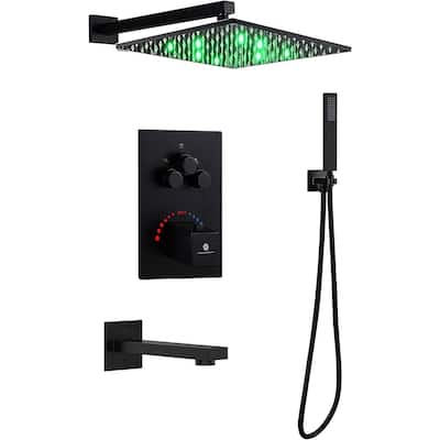 Matte Black Wall Mount 12" LED Rainfall Head 3 Way Thermostatic Shower Faucet Set with Tub Spout - Matte Black