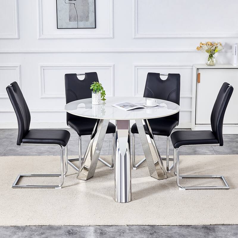 5-Piece Round Marble Dining Table Set, Kitchen Table Set with 4 PU Upholstered Chairs & Brushed Silver Steel Base - Black White