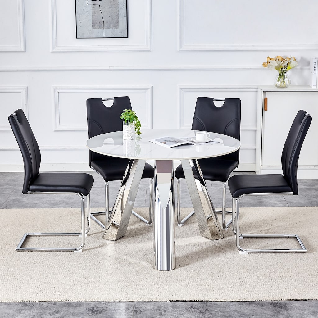 5-Piece Round Marble Dining Table Set, Kitchen Table Set with 4 PU Upholstered Chairs & Brushed Silver Steel Base