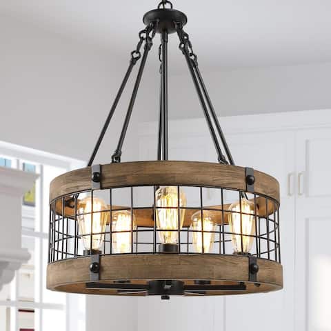 Modern Farmhouse 5-Light Wood Drum Black Metal Rustic Chandelier for Dining Room