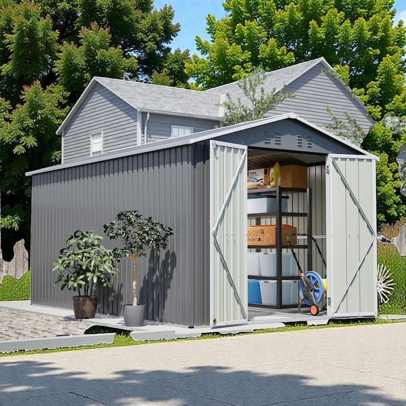 8 x 12 FT Outdoor Metal Storage Shed with Lockable Double Doors, Aluminum Frame Tool Shed for Backyard - Grey