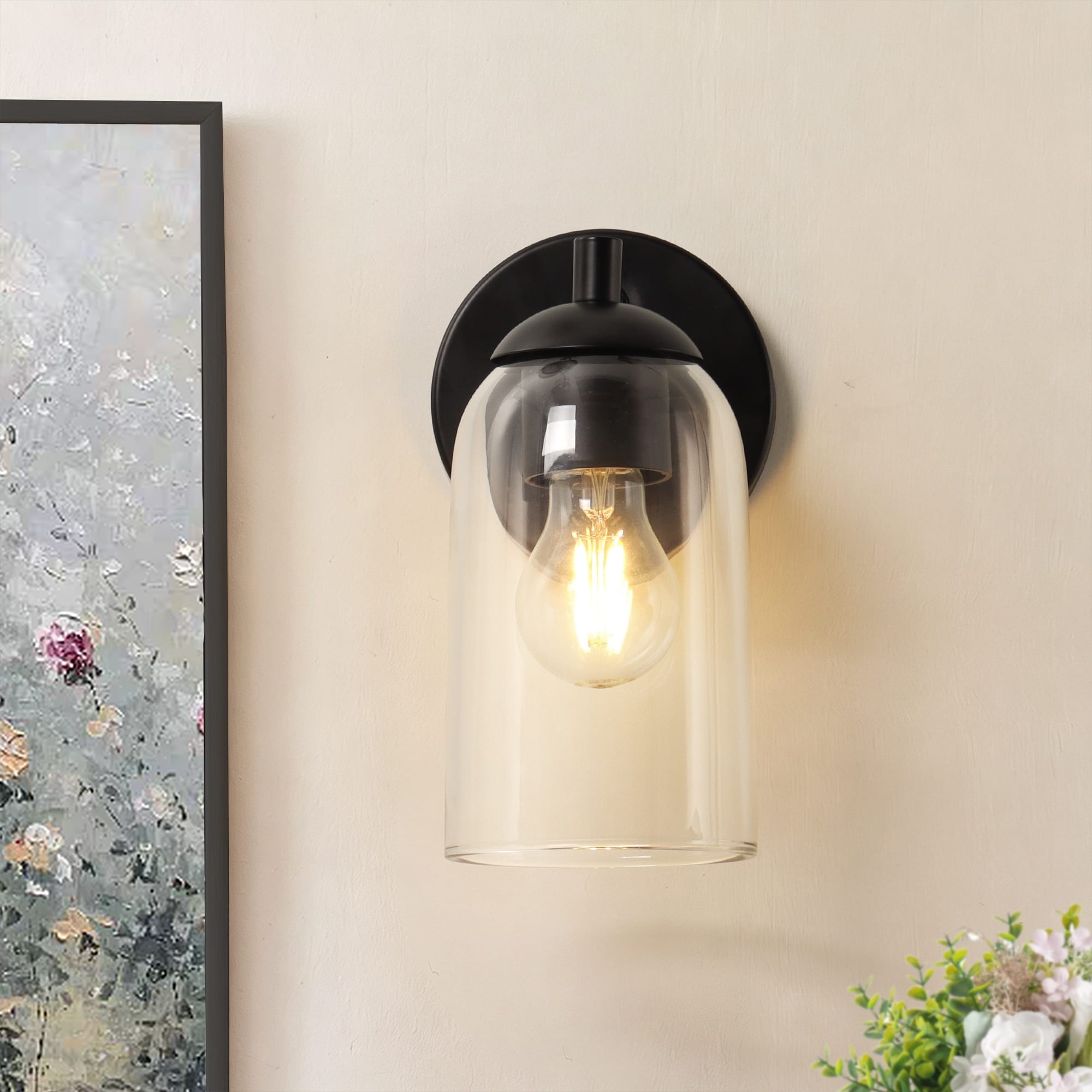 LNC Celes Modern Cylinder Clear Glass Wall Sconce Black Gold Nickle Indoor Bathroom Vanity Lighting