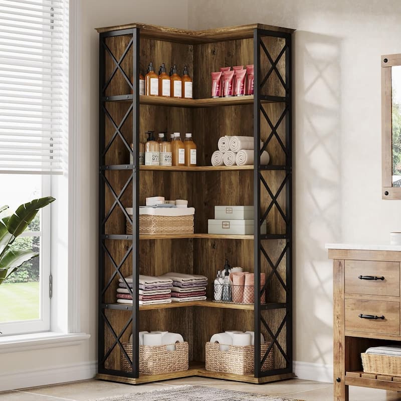 71 Inch Tall Corner Shelf, 5-Tier Industrial Corner Bookshelf, Wood and Metal L-Shaped Bookcase with Baffle