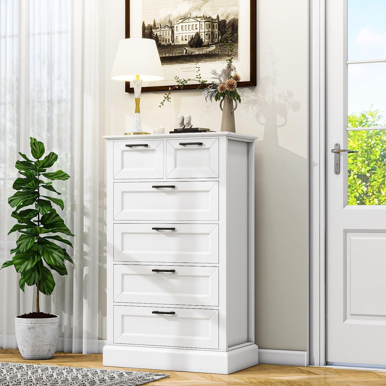 Modern White 6-Drawer Tall Dresser, 47'' Vertical Storage Chest for Bedroom, Living Room, Hallway