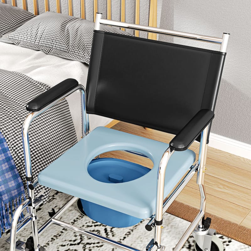 HOMCOM Rolling Shower Chair with Wheels, Bedside Commode Wheelchair with Padded Seat, Backrest, for Handicap