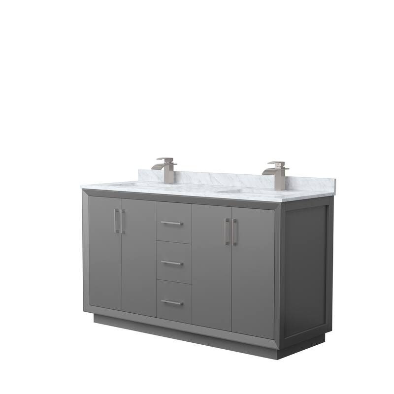 Strada 60-Inch Double Vanity Set, Carrara Marble Top - Dark Gray, Nickel Trim, Carrara Marble Top