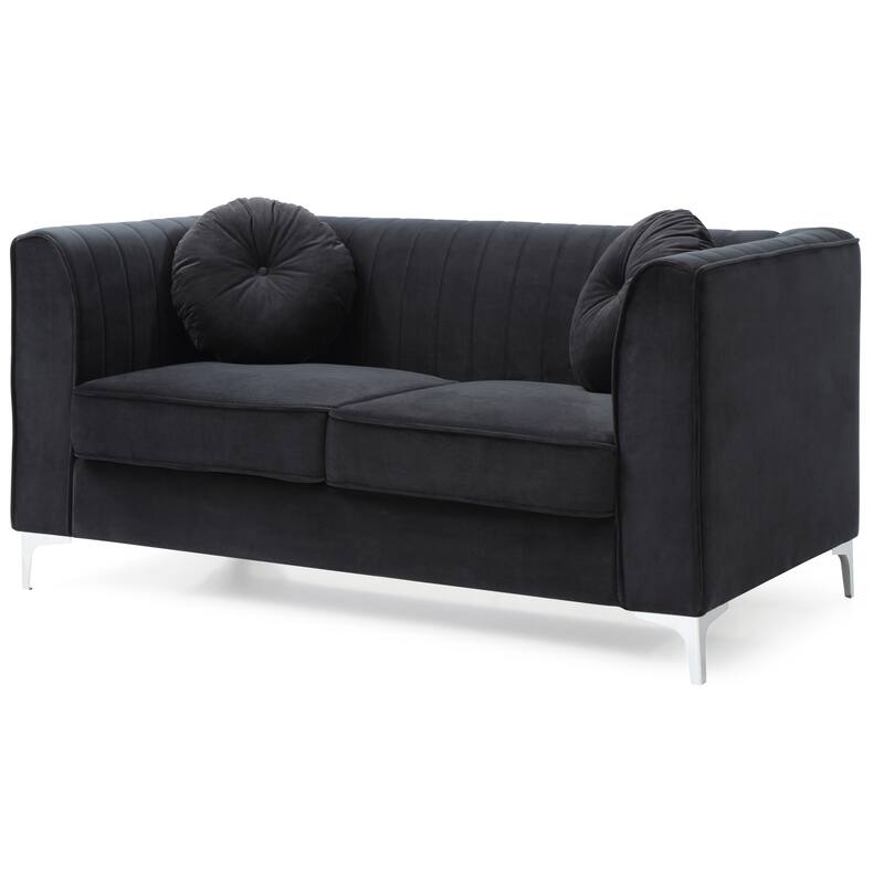 Roomfitters Velvet Loveseat, Sloped Arms, Channel-Tufted 2-Seater Sofa, Modern Glam Couch, Silver Metal Legs