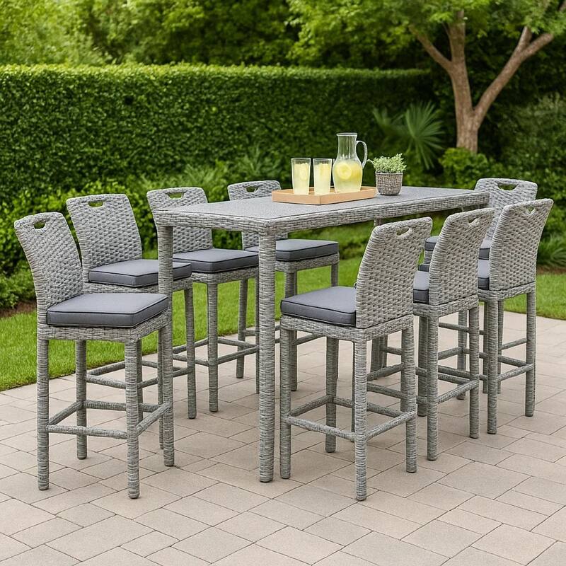 Mio Barstool Chair Set of 6, Thick Seat Cushion, Gray Wicker Frame