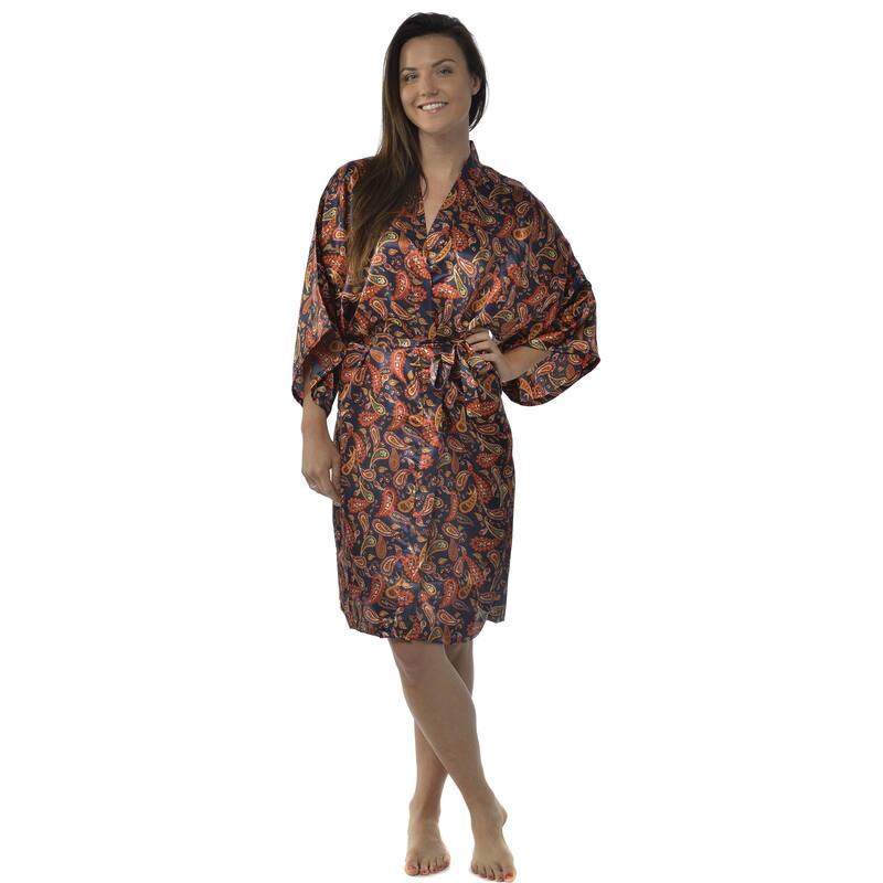 Leisureland Women's Paisley 42-inch Satin Charmeuse Kimono - Navy
