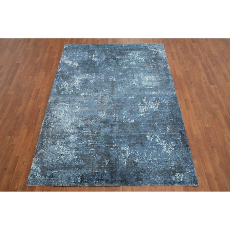 Hand Knotted Oriental Viscose Silk Carpet Modern Abstract Navy Blue & Blues Abstract Area Rug - 7' 9'' X 5' 6''